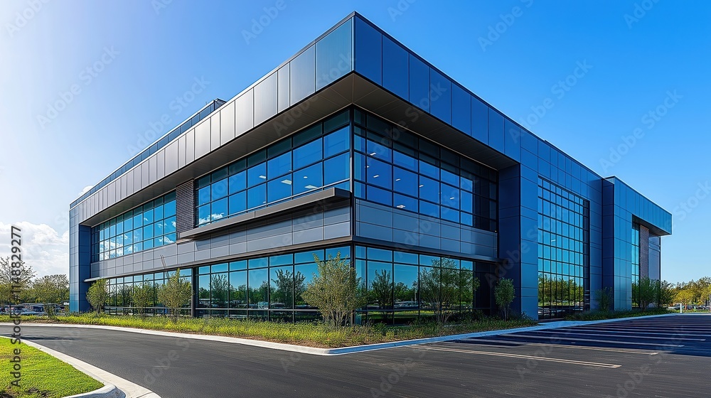 custom made wallpaper toronto digitalModern office building with sleek blue, grey exterior. Contemporary design emphasizes natural light, green spaces. Commercial building stands out with large windows reflecting sky. Structure shows
