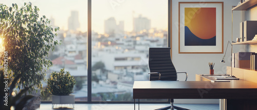 sleek minimalist home office with large window showcasing city view, featuring modern desk, chair, and decorative plants