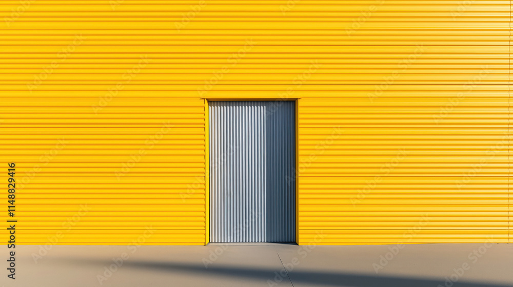 Obraz premium Yellow building exterior features metal door. Modern industrial design. Simple geometric pattern on yellow corrugated metal wall. Exterior view of warehouse commercial structure. Sunlight casts