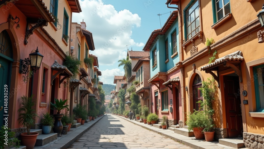 Obraz premium A colorful street with traditional houses featuring vibrant facades, potted plants, and a pagoda-like structure in the background under a bright blue sky. Generative, AI,