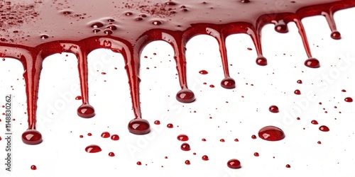 Blood drips, crimson liquid, white background, high contrast, splatter effect, horror aesthetic, graphic design, visceral imagery, realistic texture, macro photography, sharp detail, ominous mood, dra photo