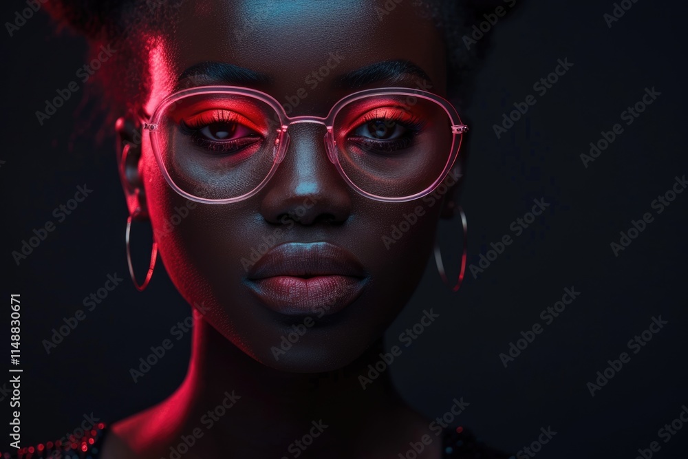 Stylish young African girl in pink glasses on black background. Stylish young African girl in pink glasses on black background.