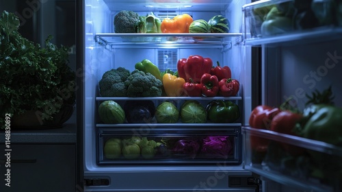 Wallpaper Mural Fresh vegetables organized neatly in a well-lit refrigerator at night Torontodigital.ca