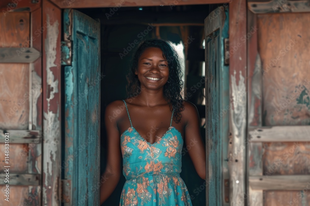Naklejka premium happy african woman standing in the door frame village in botswana
