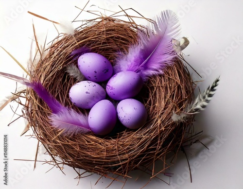 Elegantes Osternest mit bunten Eiern und Federn auf weißem Hintergrund photo