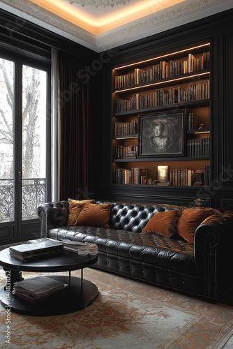 Salle de Séjour Élégante avec Bibliothèque Intégrée, Canapé en Cuir, Tapis Moelleux et Éclairage Doux, Ambiance Confortable et Sophistiquée photo