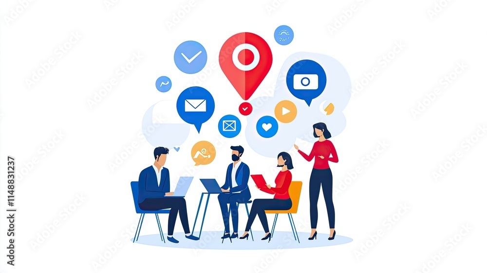 Team Collaboration in a Modern Office Environment with Communication Icons Representing Digital Interaction and Connectivity Among Colleagues Team Collaboration in a Modern Office Environment with Communication Icons Representing Digital Interaction and Connectivity Among Colleagues