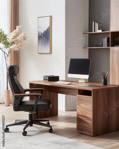 Wallpaper Mural Home office setup with walnut desk and comfortable chair organized workspace modern interior professional environment Torontodigital.ca