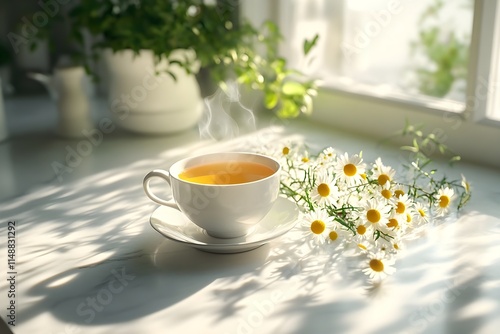 Wallpaper Mural Elegant porcelain tea set in minimalist kitchen with chamomile tea - Generative AI Torontodigital.ca