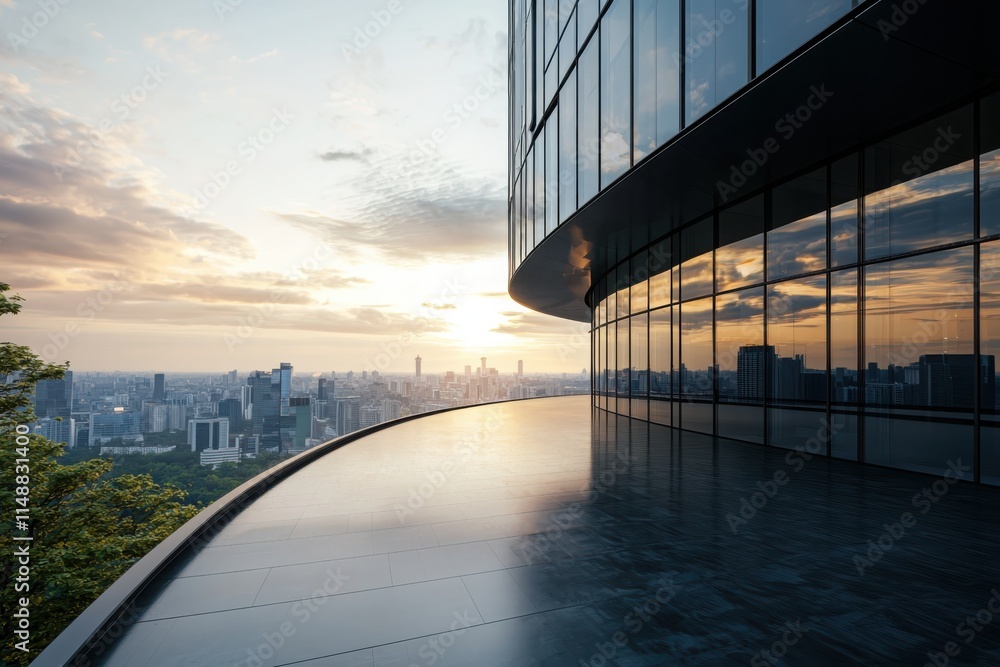 Obraz premium Dynamic facades of innovative office design in skyscraper cityscape morning light high-tech environment