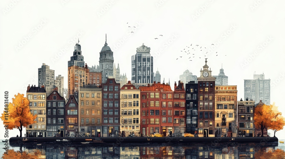 Obraz premium Modern urban scene blending traditional architecture with contemporary buildings.