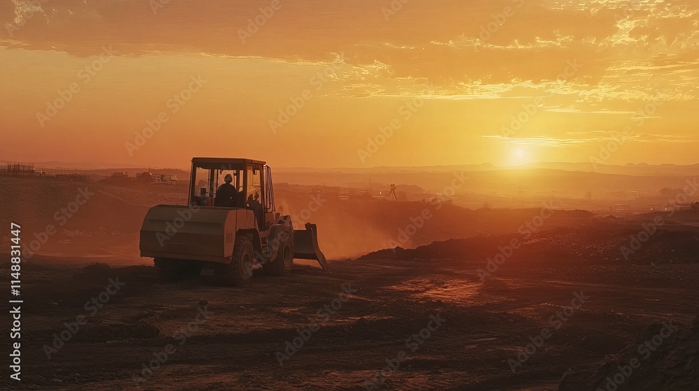 Fototapeta premium Wheel Loader Digging Soil at a Construction Site Against a Sunset Background