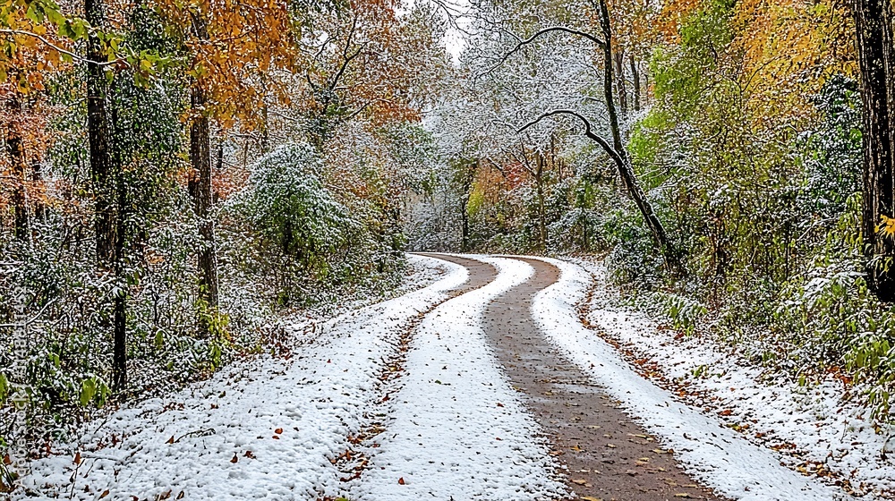 Winding Snow-Covered Path Through a Forest of Trees Winding Snow-Covered Path Through a Forest of Trees