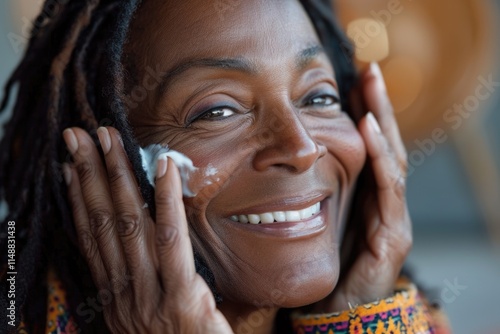 Cheerful black woman caring for flawless melanated skin. photo