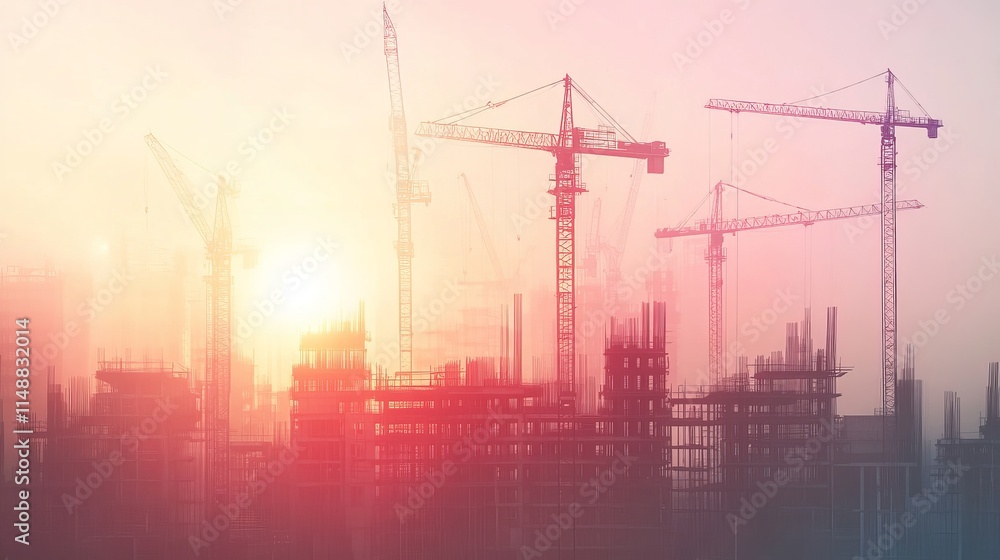 Double Exposure of Engineering Using Tablet and Digital Technology Interfaces with Construction Cranes in the Background Double Exposure of Engineering Using Tablet and Digital Technology Interfaces with Construction Cranes in the Background