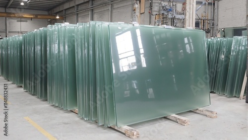 Industrial glass sheets neatly stacked in racks reflecting soft light in spacious factory with concrete floors and metal beams photo