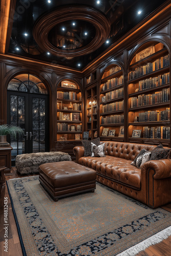 Salle de Séjour Élégante avec Bibliothèque Intégrée, Canapé en Cuir, Tapis Moelleux et Éclairage Doux, Ambiance Confortable et Sophistiquée photo