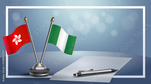 Hong Kong and Nigeria National flags on small table with bokeh background, cooperative relationship