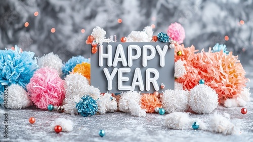 Festive happy new year sign with colorful pom-poms. photo