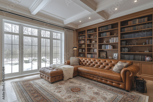 Salle de Séjour Élégante avec Bibliothèque Intégrée, Canapé en Cuir, Tapis Moelleux et Éclairage Doux, Ambiance Confortable et Sophistiquée photo