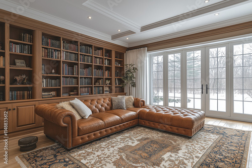 Salle de Séjour Élégante avec Bibliothèque Intégrée, Canapé en Cuir, Tapis Moelleux et Éclairage Doux, Ambiance Confortable et Sophistiquée photo