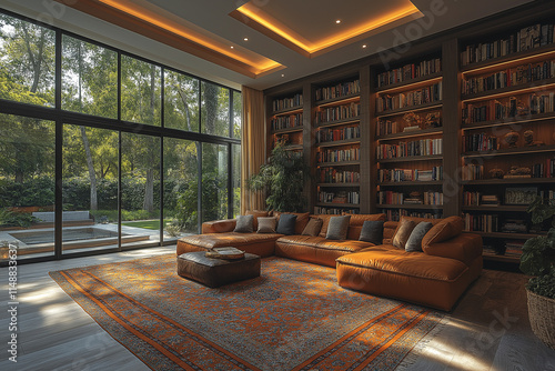 Salle de Séjour Élégante avec Bibliothèque Intégrée, Canapé en Cuir, Tapis Moelleux et Éclairage Doux, Ambiance Confortable et Sophistiquée photo