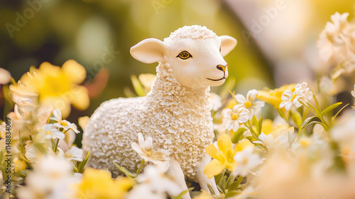 A high-resolution capture of a soft white lamb figurine with golden details, surrounded by delicate spring flowers, creating a peaceful and symbolic scene ideal for Easter or spring-themed content. photo