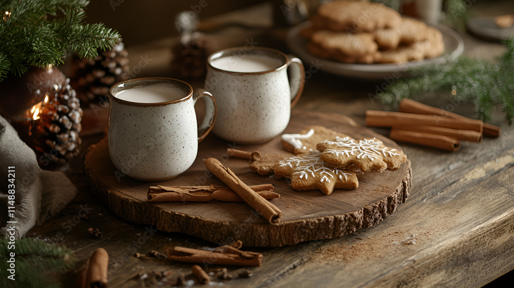Rustic hot cocoa with gingerbread cookies and cinnamon sticks Rustic hot cocoa with gingerbread cookies and cinnamon sticks