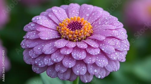 Dew-covered pink zinnia flower close-up. photo