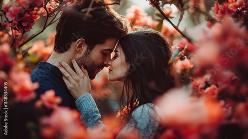 Playful kiss between a couple in a park, surrounded by blooming flowers.