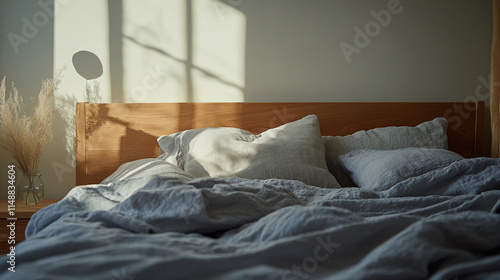 Cozy unmade linen bed with morning sunlight streaming through window