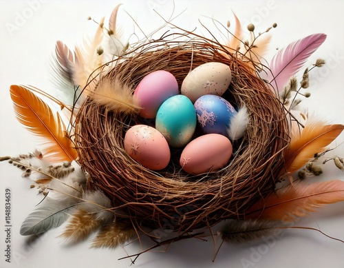 Elegantes Osternest mit bunten Eiern und Federn auf weißem Hintergrund photo