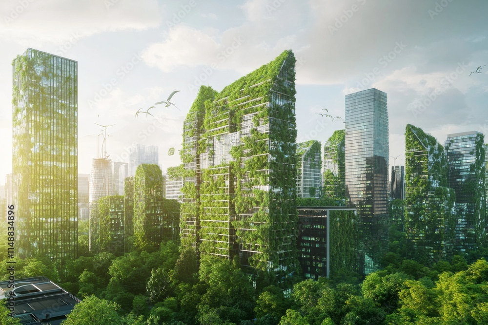 Obraz premium conceptual eco friendly cityscape featuring lush greenery on modern buildings, showcasing sustainability and innovation