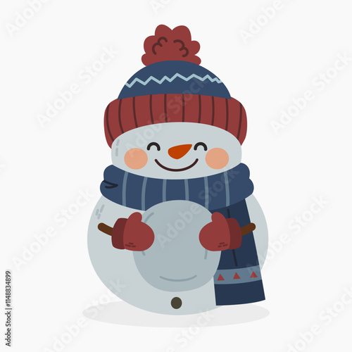 Cute cartoon smiling snowman wearing warm scarf, beanie and mittens and holding a snowball vector illustration isolated on white background