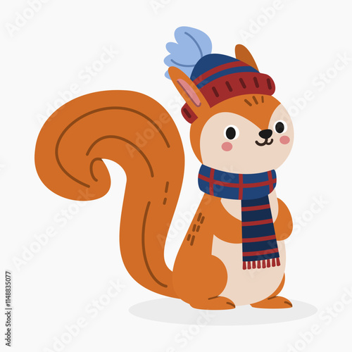 Cute cartoon winter squirrel wearing a scarf and beanie vector illustration isolated on white background