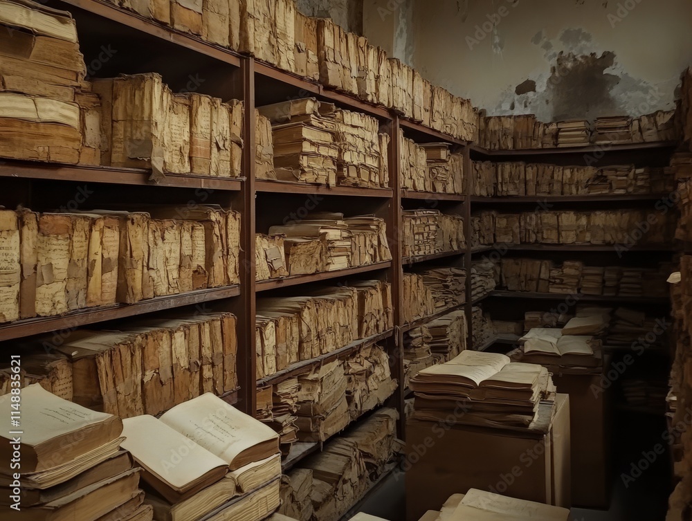 Obraz premium Antique books on wooden shelves, creating an atmosphere of history, knowledge, and the passage of time