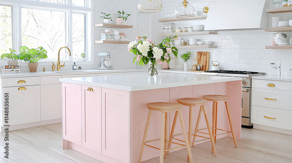 Fototapeta premium Contemporary kitchen featuring a soft pink island with white cabinets and gold hardware, styled for a chic aesthetic. 