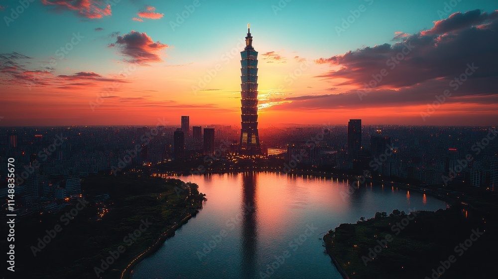 Naklejka premium Sunset cityscape with skyscraper reflecting in water.