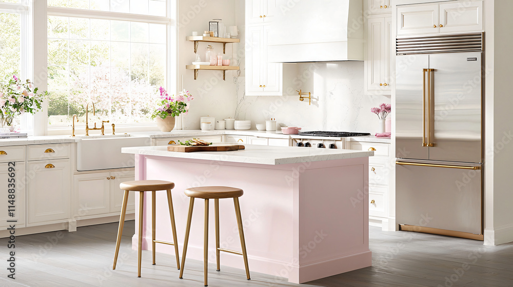 Contemporary kitchen featuring a soft pink island with white cabinets and gold hardware, styled for a chic aesthetic.
Contemporary kitchen featuring a soft pink island with white cabinets and gold hardware, styled for a chic aesthetic.