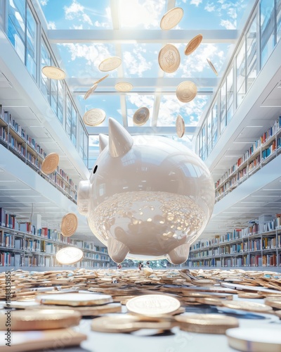 Coins dropping into piggy bank in busy office environment with corporate coworkers working