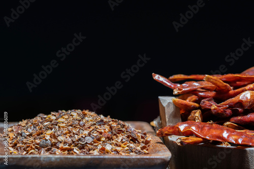 Dried Red Hot Peppers and Flaked Peppers On a Turntable