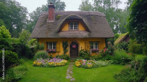 Quaint cottage with a thatched roof and flower-filled garden.