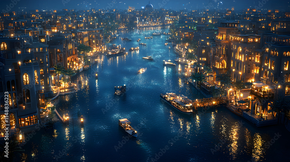 Fototapeta premium Night Cityscape Illuminated Canals Venetian Style Architecture