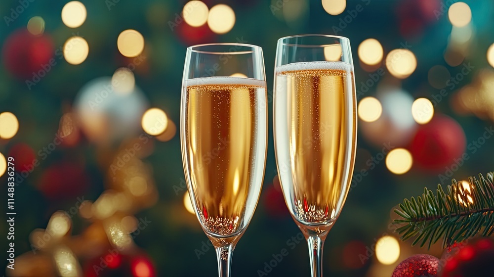 Elegant champagne flutes filled with sparkling golden beverage against a festive background of Christmas ornaments and soft bokeh lights Elegant champagne flutes filled with sparkling golden beverage against a festive background of Christmas ornaments and soft bokeh lights