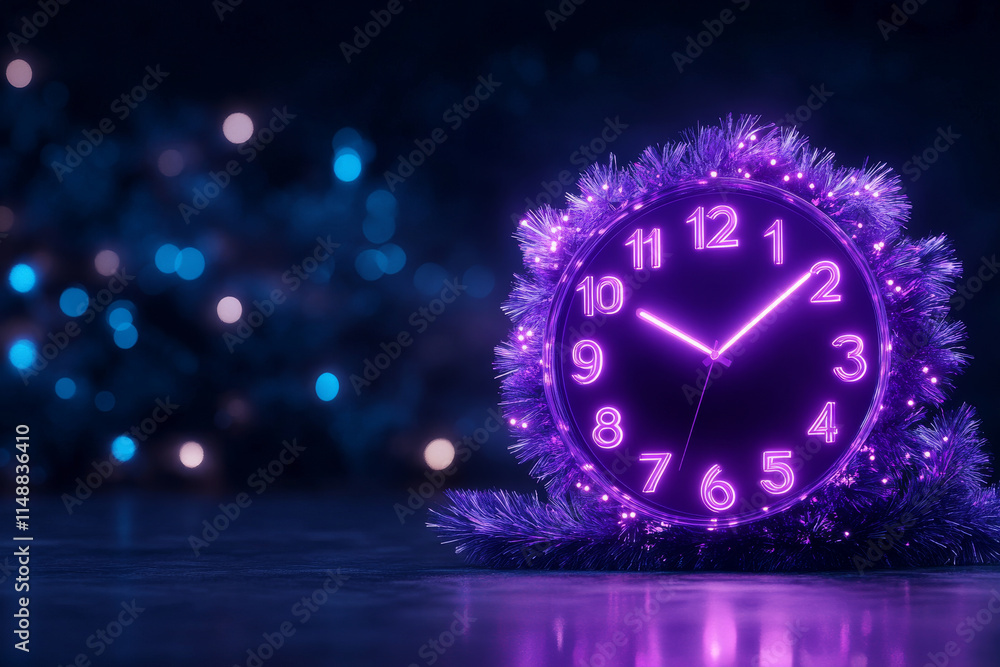 Fototapeta premium conceptual New Year clock adorned with purple lights and tinsel, symbolizing celebration and joy