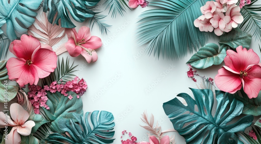 Tropical flowers and leaves border on light blue background. Tropical flowers and leaves border on light blue background.