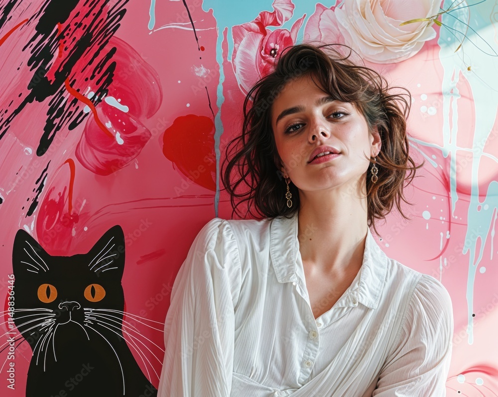 Fototapeta premium Portrait of a young woman in a white blouse, seated against a vibrant floral and abstract art backdrop, featuring a bold black cat illustration with vivid orange eyes. 