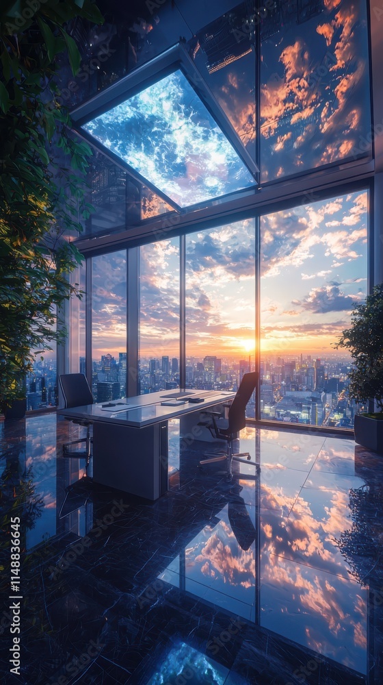 Fototapeta premium Futuristic office with holographic displays skyscraper cityscape business environment evening view high-tech concept