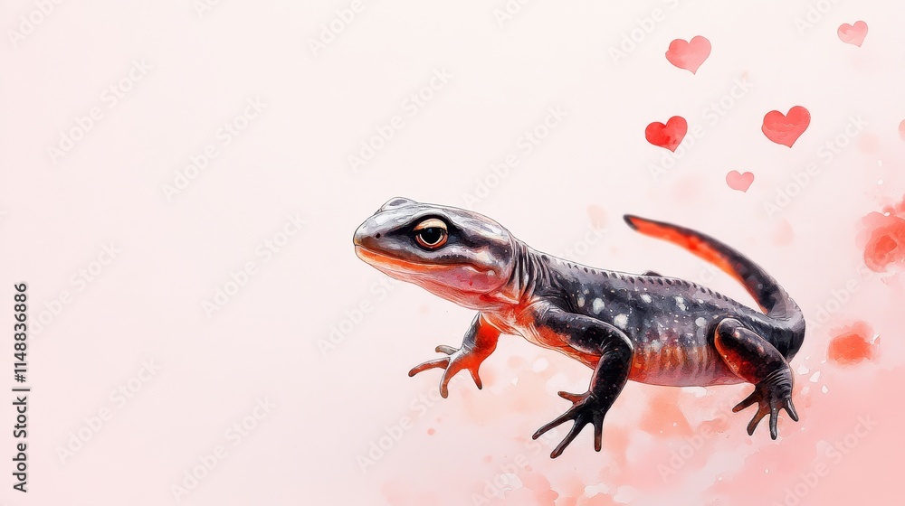 Naklejka premium Cute Lizard Valentine - Adorable lizard, pink background, hearts, love, Valentine's Day, reptile.