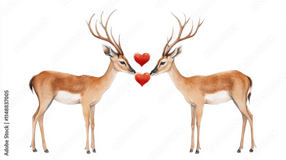 Deer Couple in Love - Two deer, heads touching, hearts floating, symbolizes love, romance, affection, nature, and wildlife. Deer Couple in Love - Two deer, heads touching, hearts floating, symbolizes love, romance, affection, nature, and wildlife.